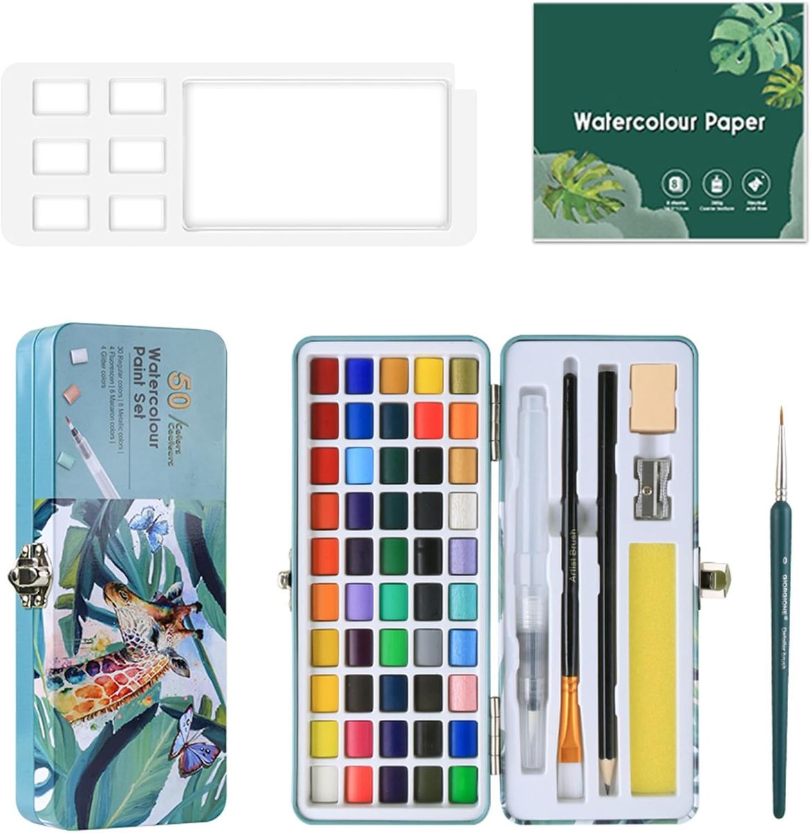 50 Colours Solid Watercolour Paint Set with Brushes&Accessories,Travel Case