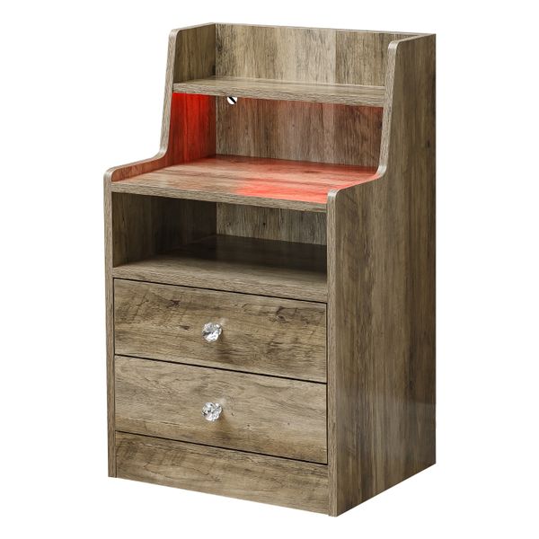 Bedside Table LED Nightstand End Table with 2 Storage Drawers &amp; Shelves