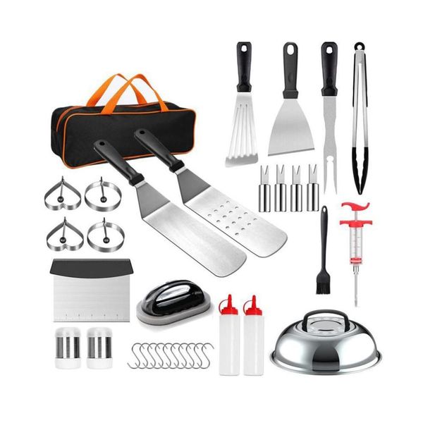 Pruchef - 34 Pieces Stainless Steel Barbecue Utensil Kit Tool Set - Silver