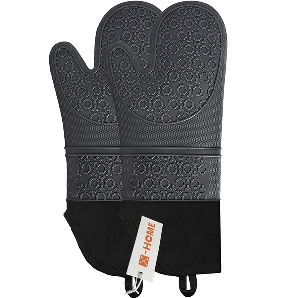 X-HOME Silicone Extra Long Oven Mitts/Gloves with Padded Cotton Cuffs