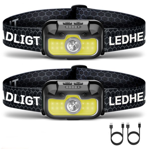 2 Pack Headlamp Rechargeable 1300 Lumen with Red Light 14 Modes