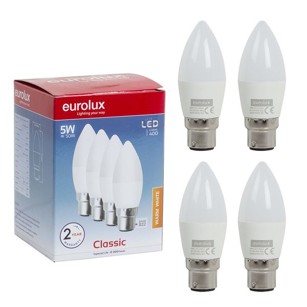 Eurolux - LED - Candle - Opal - B22 - 5w - Warm White - 4 Piece - 2 Pack