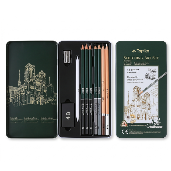 Topika - Artists Pencil Set, Sketch Pencil Kit, 10 Pcs Drawing Art Set