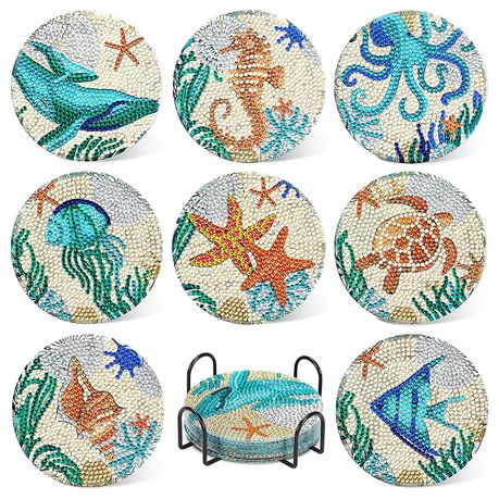  7 Pcs Diamond Painting Coasters with Holder,DIY Marine Life  Diamond Painting Kits for Adults & Kids,Diamond Art Kits for Craft Supplies.