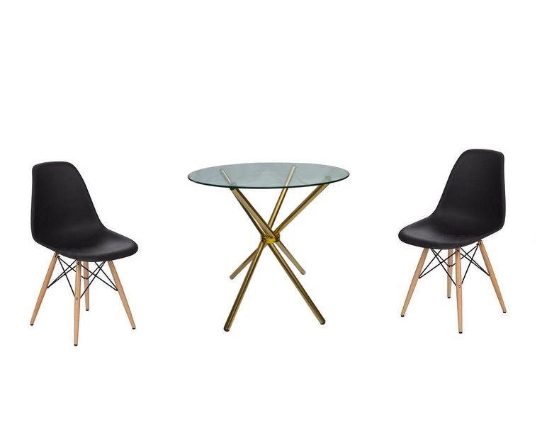 Proteas 3 Piece 80cm Glass Table Gold Legs and Wooden Leg Chairs