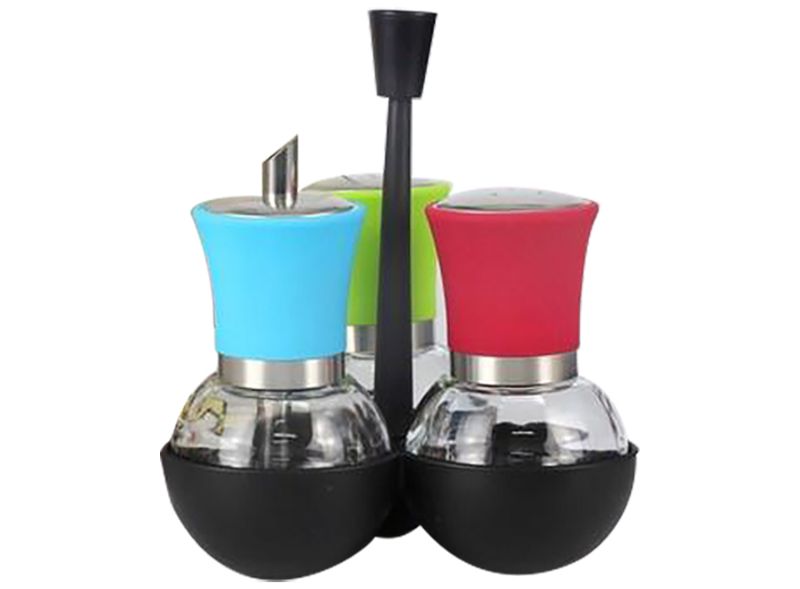 4 Piece Salt, Pepper &amp; Sugar Broad Glass Shaker Set with Holder