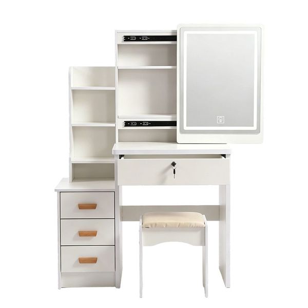LED Vanity Table with Sliding Mirror Storage and Stool