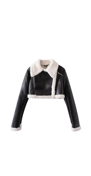 Cropped Leather Jacket Zipper Shearling Patchwork