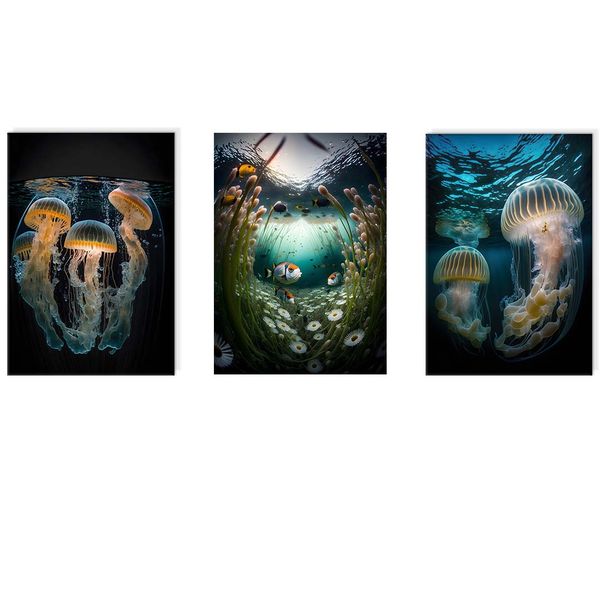 Canvas-Art-3 Pieces Blue Ocean Marine Glowing Jellyfish Lifestyle Wall Art
