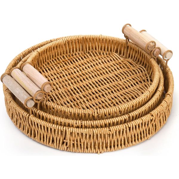 3 Piece Woven Imitation Rattan Round Serving Tray