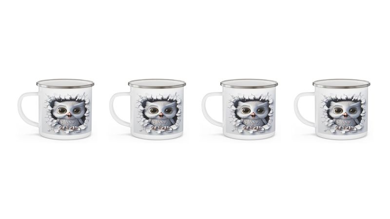 Snow Owl Enamel Mugs - 4 Pack
