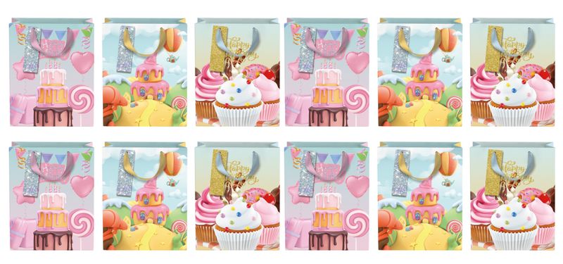 x12-Piece Birthday Cakes Style Gift Bags Set - 18 × 23 × 10cm.