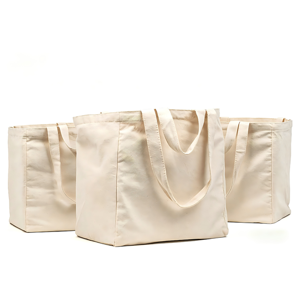 3PCS Large Canvas Bag Set, Tote with Pocket Strap Foldable Beige