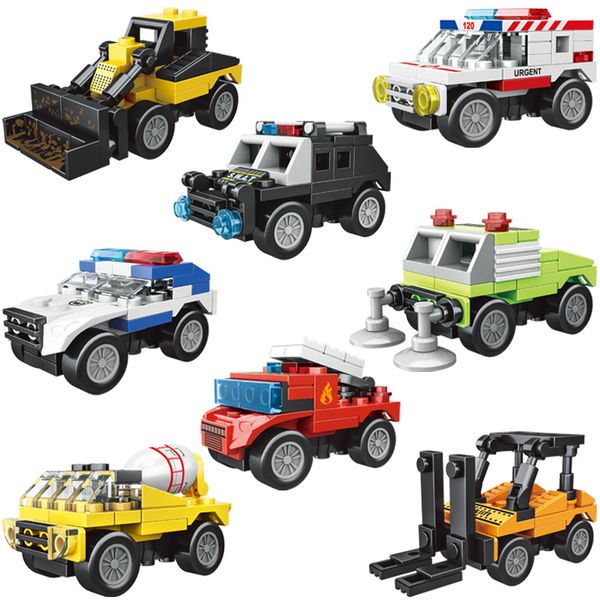 8-Piece Brick Vehicle Playset - Police &amp; Construction Car Models for Kids