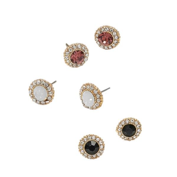Contrast Trim Rhinestone Stud Earrings With Gemstones - Multicolor - 3 Pack