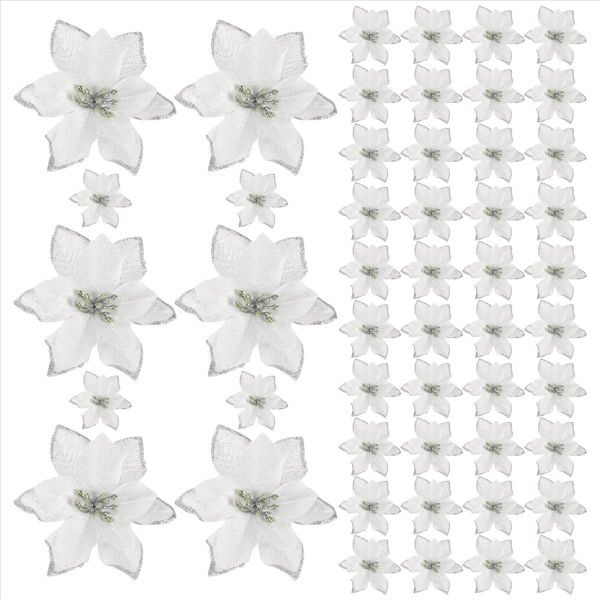 50 Pack Glitter Poinsettia Christmas Tree Ornaments Artificial Silk Flowers