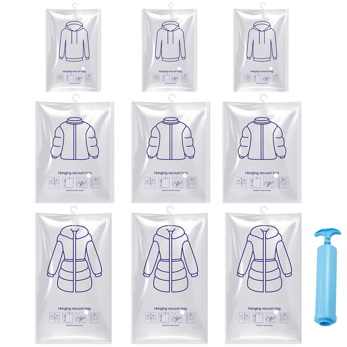 10 Pieces Hanging Vacuum Storage Bags With Air Hand Pump,Hanging Vacuum Bags