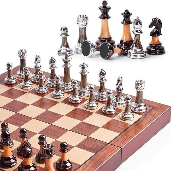 Solid Wood Chess Set - Heavy Alloy Pieces + Portable Wooden Box for Storage
