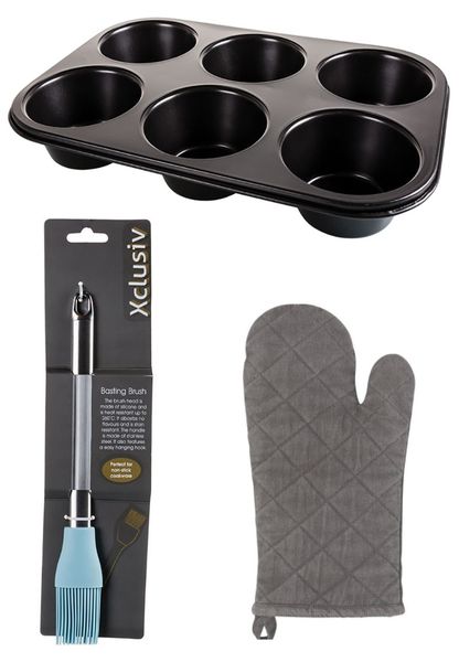 Non Stick Muffin Pan 6 Hole + Pastry Brushes Silicone + Grey Oven Mitt Canvas