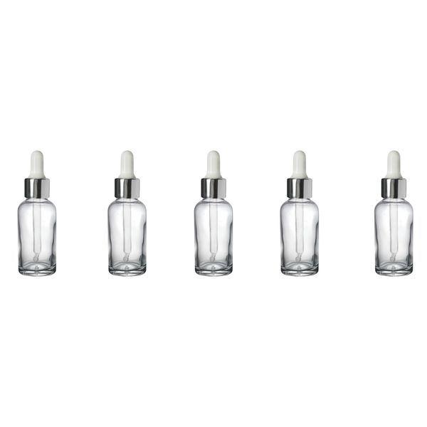 5 Pack 30ml Clear Glass Bottles with Silver Droppers - Premium Quality