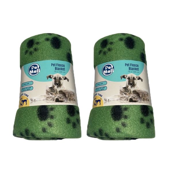 Pet Mall Pet Fleece Blanket Green Paw Print (76 x 100cm) - 2 Pack
