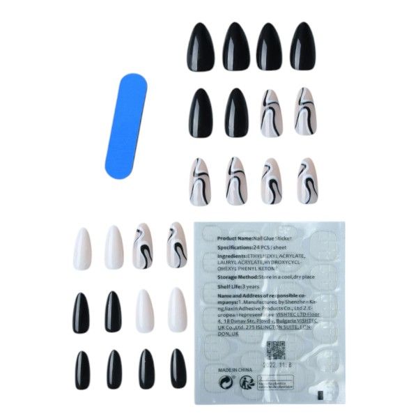 24-Piece Press-On Contemporary Nails Set With Accent Nails - Black &amp; White
