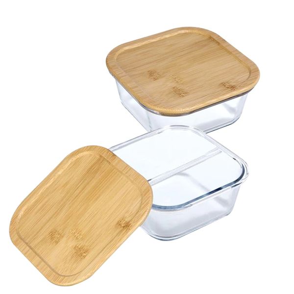 Borosilicate Oven Glass lunch box with Bamboo Lid 2 Compartment - 2 Pieces
