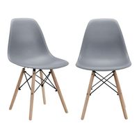 Grey Modern Style Dining Chair Shell Plastic Chair with Wooden Legs Pack of 2