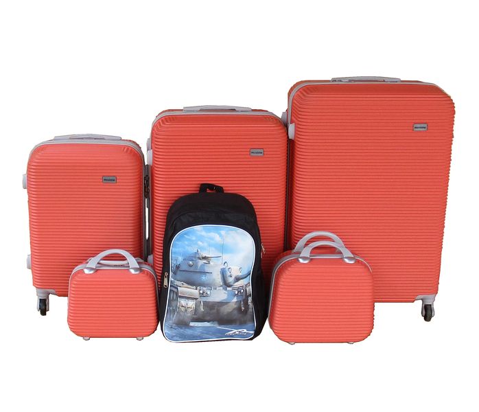 5-Piece Orange-Pink Hard Shell Luggage Set + Kids Military-Themed Backpack
