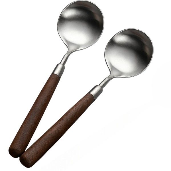 2 Pack - Modern Wooden Handle Stainless Steel Soup Spoon - Silver &amp; Brown
