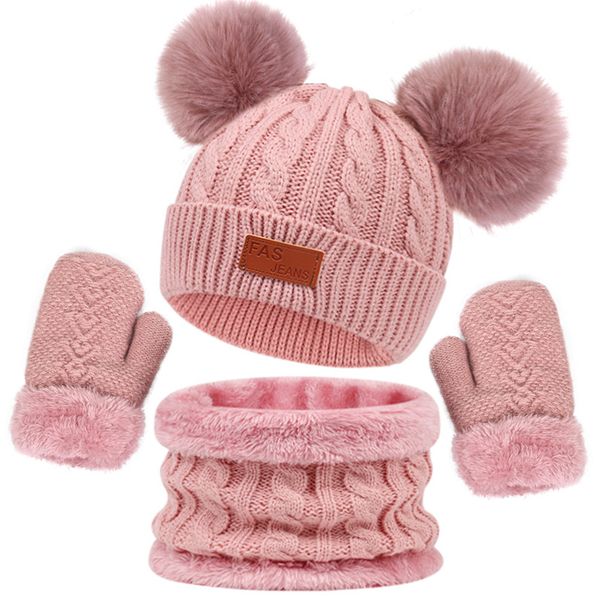 Warm Knit Winter Beanie Hat Scarf Gloves for 1-4 Years Girls