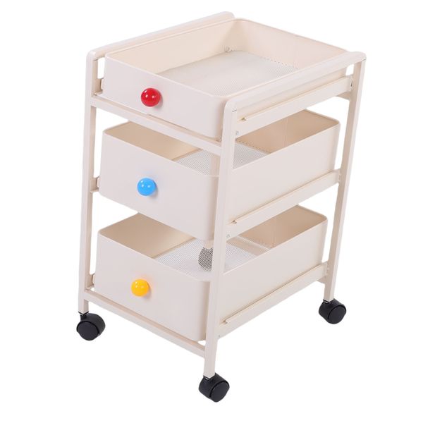 3 Tier Milky White Rolling Storage Cart 360 Wheels For Kitchen