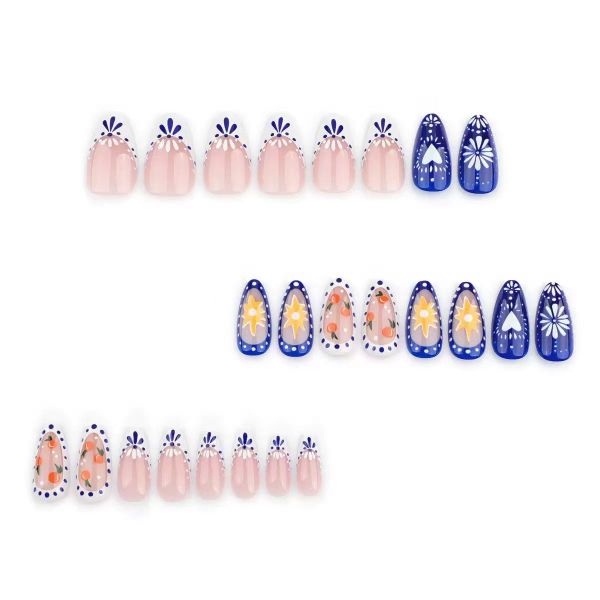 Floral Tips Press-On Nails Painted Blue White Floral, Cherry Design