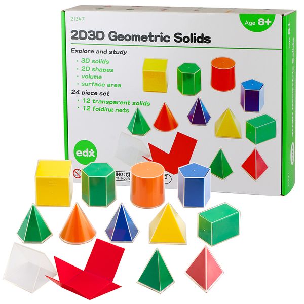 EDX Education - Geometric Solids - 8cm with Folding Nets - 12 Shapes, 24pcs