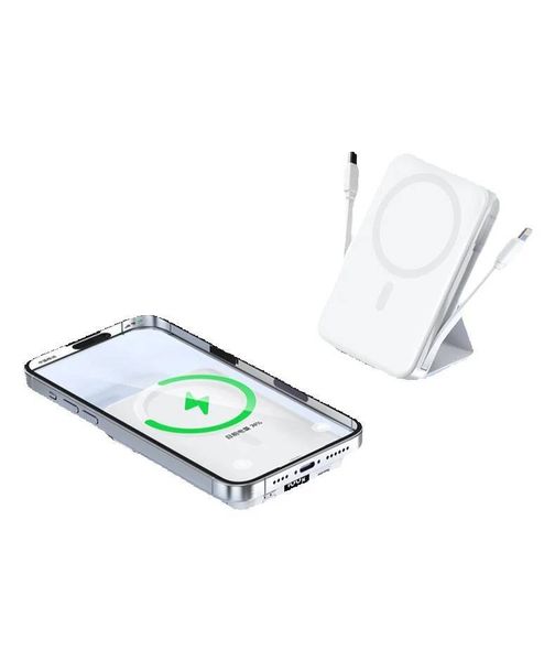 Slim &amp; Portable Magnetic Wireless Power Bank, Built-in Dual Cables + Stand