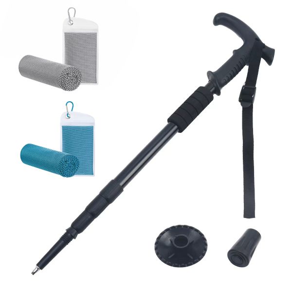 1 Red Retractable Hiking Stick and 2 Blue and Gray Cold Protection Towels