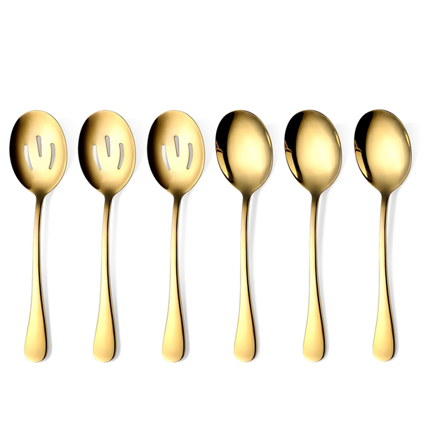 Gold Serving Spoons 6 Pieces, Stainless Steel Serving Utensils with Mirror