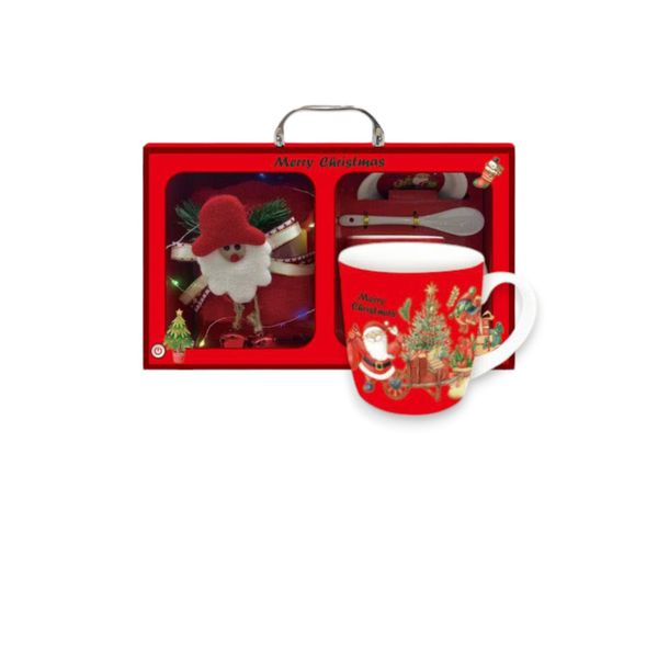 Red Lighting Santa Gift Cup With Ceramic Spoon and Saurcer