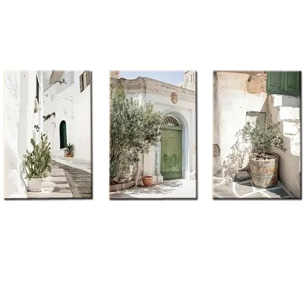 Canvas-Art-3 Pieces Puglia Green &amp; White Italy Landscape Abstract Wall Art