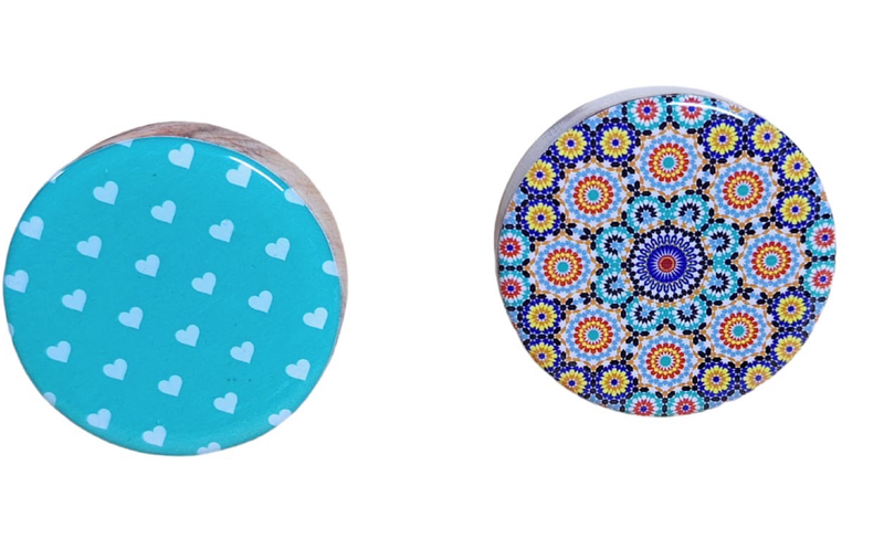 2 Doorknobs - Green Hearts &amp; Colourful Mandala Flower Wheel
