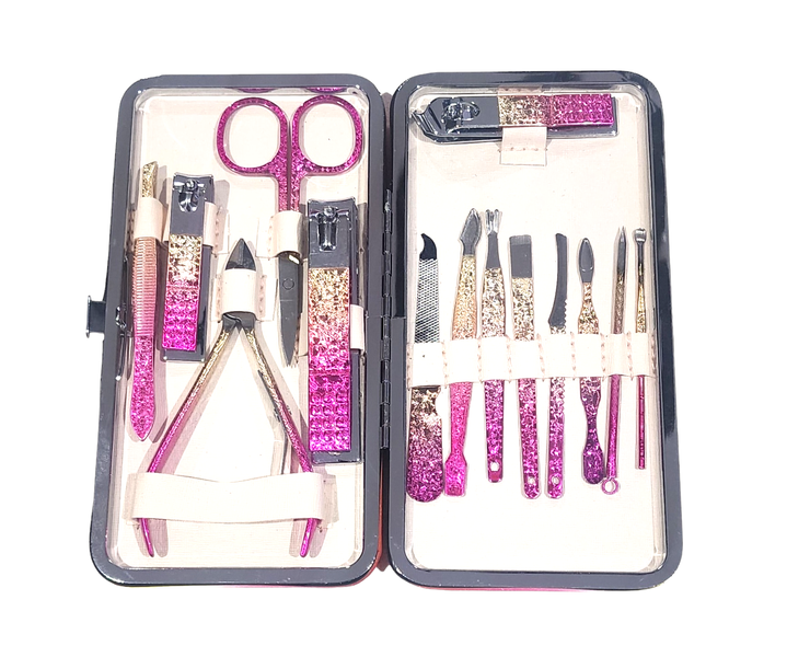 14 Piece Manicure and Pedicure Black Set - Pink and Gold