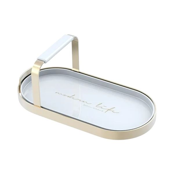 Modern Oval Utensil Storage Tray With Single Handle - White &amp; Gold