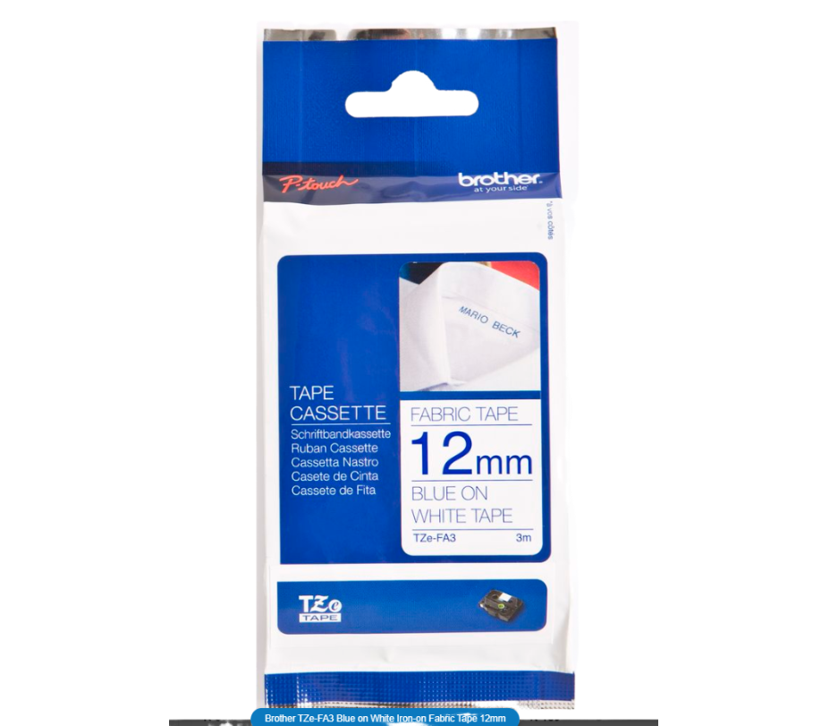 Brother TZe-FA3 Blue on White Iron-on Fabric Tape 12mm | Shop Today ...