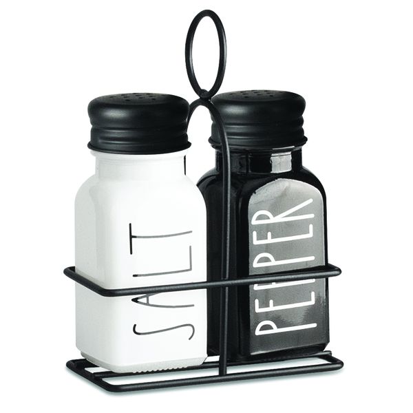 Regent Glass Black and White Salt &amp; Pepper Shakers in a Black Caddy