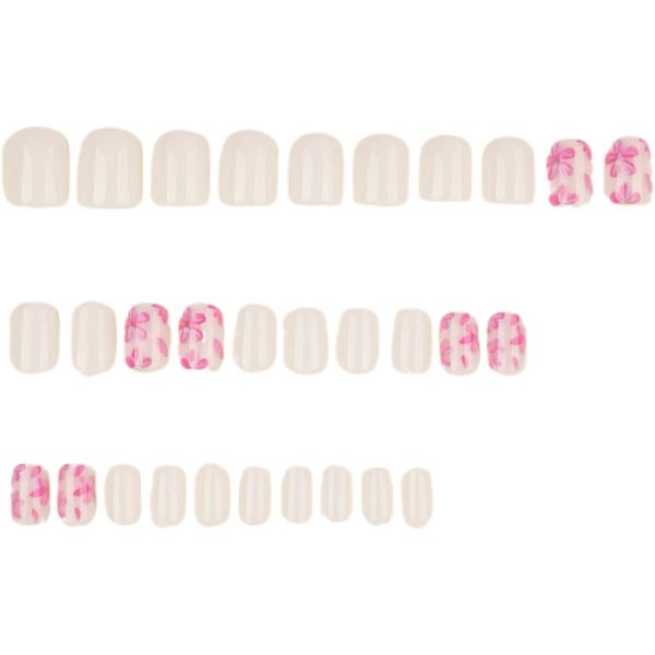 White Minimalist Nail Art With Short Pink Flower Nail Tips
