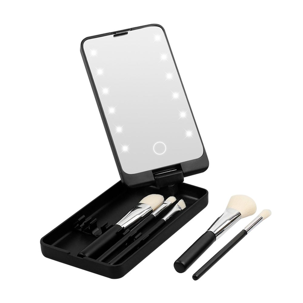 Pocket Portable LED Folding Makeup Mirror with Storage Brush Holder