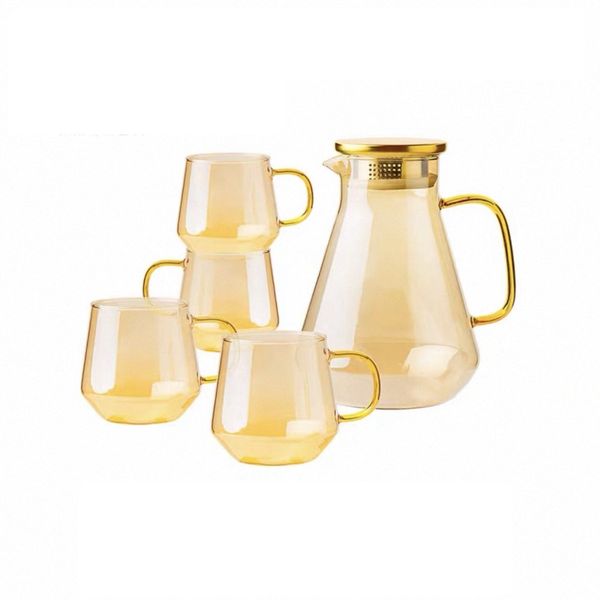 Qe-Hp Amber-Gold Glass Set (1.8L Water Jar and 4 piece 300ml Glass Cups)