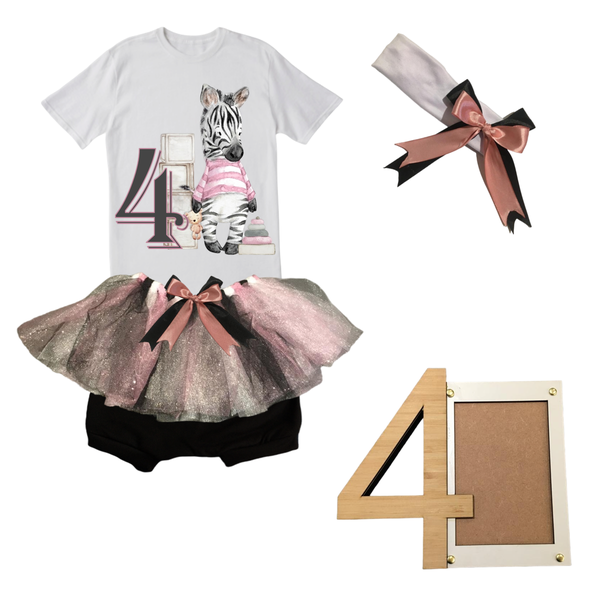 4th Birthday-Zebra Pink Tutu Outfit-Short Sleeve With Photo Frame / 4