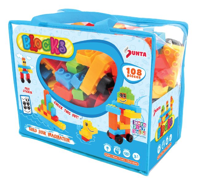 Plastic Building Blocks Set (108 Pieces) - Includes Carry Case