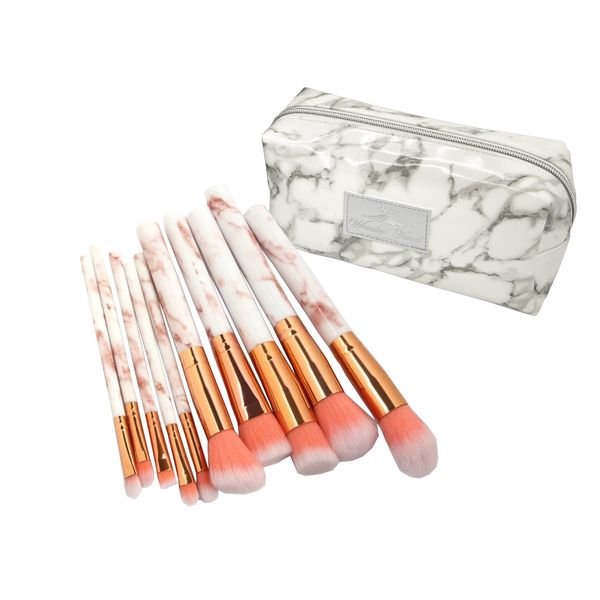 Wonder Towel Luxury 10 Piece Marble Cosmetic Makeup Brushes Pink + Bag